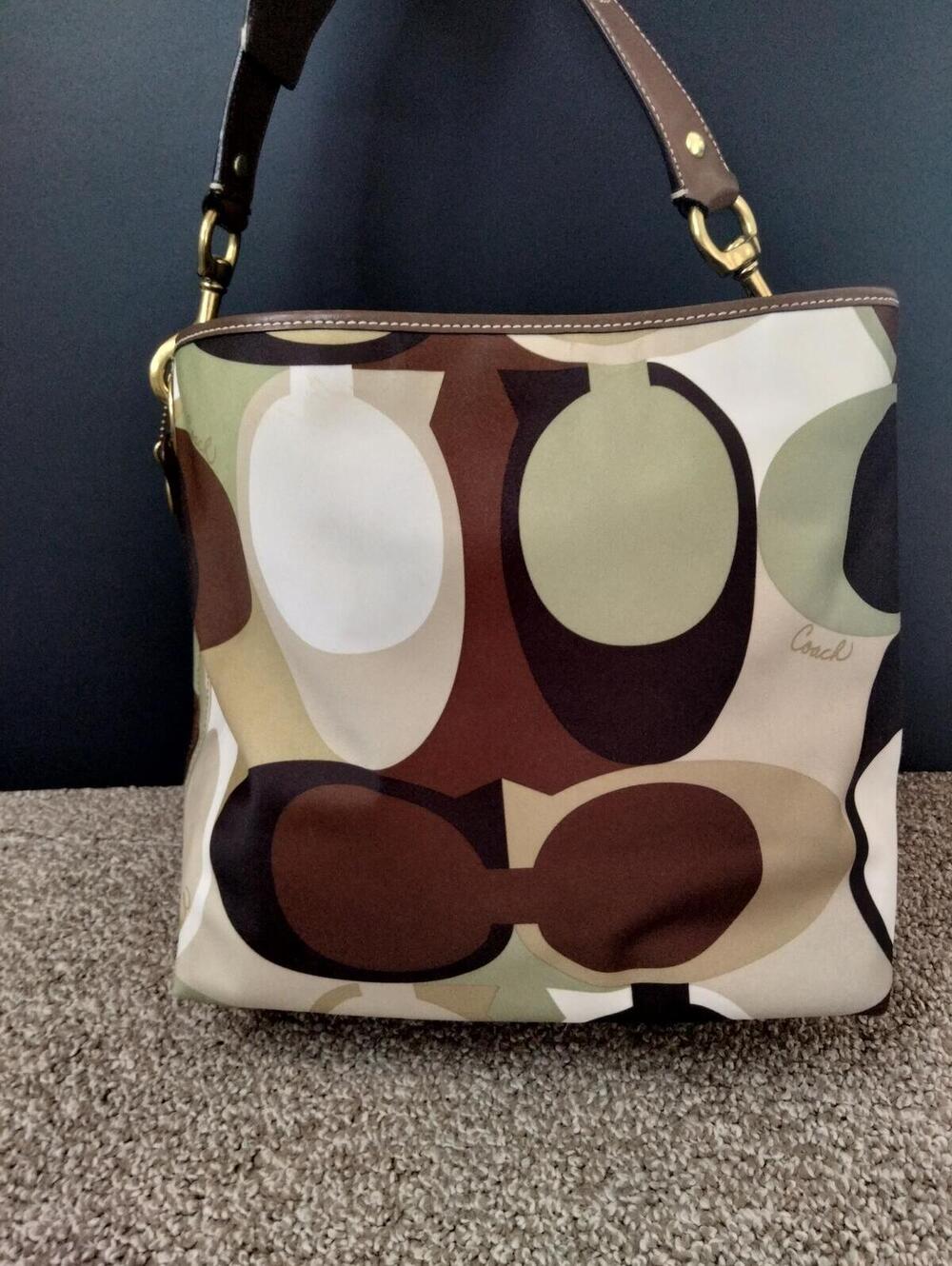 Coach Vintage Scarf Print Shoulder Bag - Olive Green Signature Satin Tote 11119